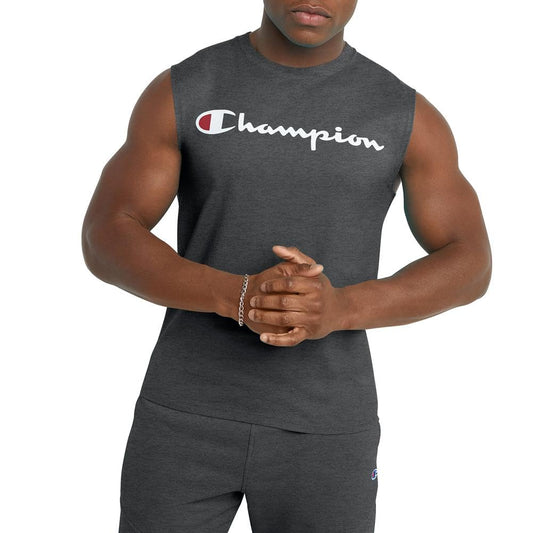 Champion Mens Muscle Tank, Classic Graphic Tee, Sleeveless T-shirt For (Reg. Or Big & Tall), Granite Heather Script, X-Large US