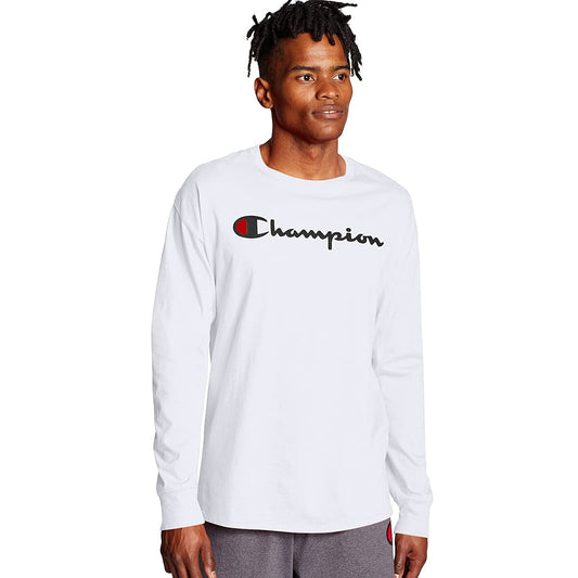 Champion Men's Long-Sleeve, Heritage Tee, Heavyweight Crewneck T-Shirt, White Double Logo, Medium