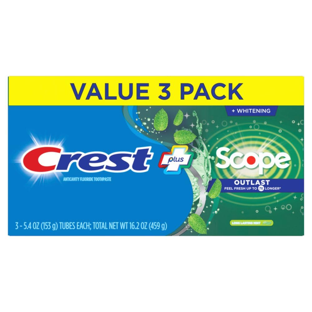 Crest Complete Whitening + Scope, Long Lasting Mint Toothpaste, Triple Pack (3 Count of 5.4 oz Tubes), 16.2 oz