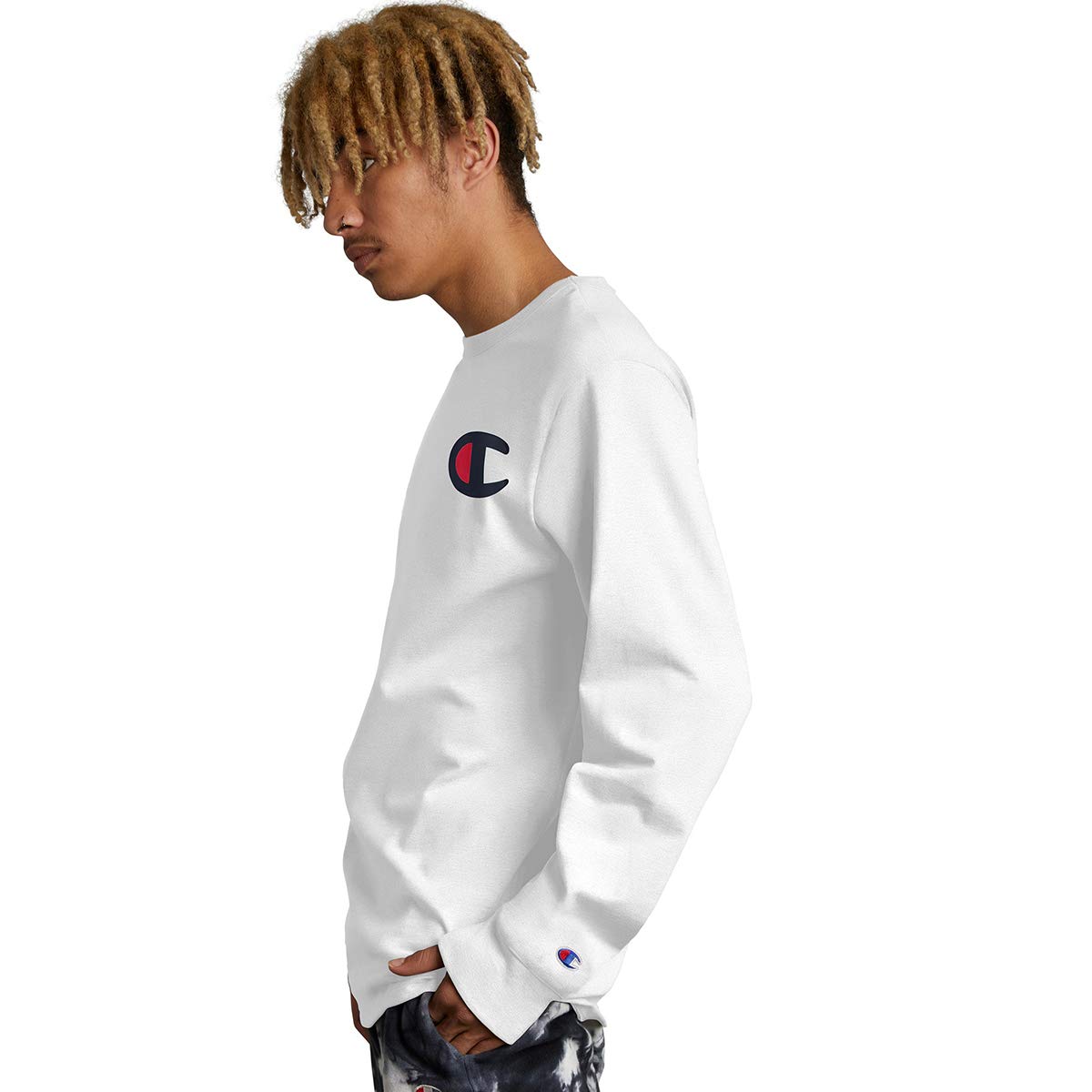 Champion Men's Long-Sleeve, Heritage Tee, Heavyweight Crewneck T-Shirt, White Double Logo, Medium