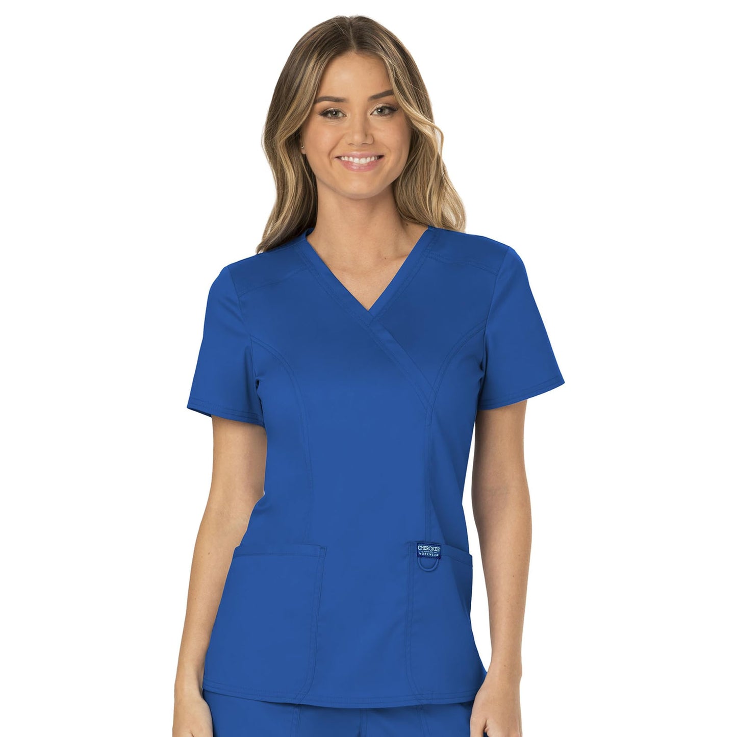 Cherokee Scrubs for Women Mock Wrap Top with 3 Pocket, Back Princess Seams WW610, XXS, White (Copy)