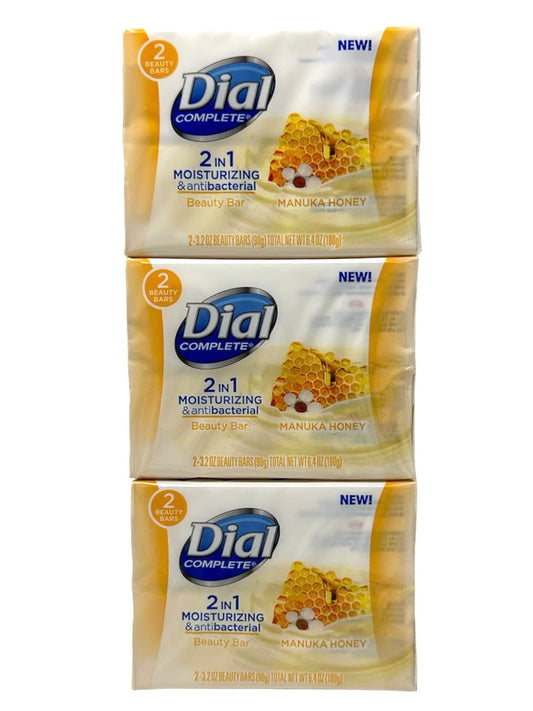 Dial Complete Beauty Bar Soap - 2 in 1 Moisturizing & Antibacterial - Manuka Honey - 3 Count 3.2 OZ Beauty Bars Per Package - Pack of 2 Packages