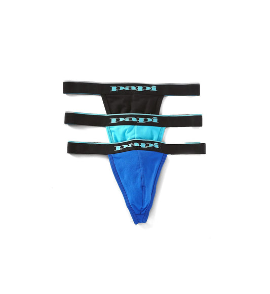 Papi Men's 3-Pack Cotton Stretch Thong, Black/Cobalt/Blue, Small