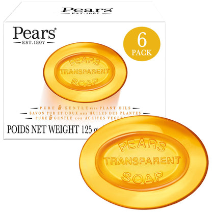 PEARS Glycerin Soap, Transparent Amber with Natural Oils, 6-Pack - Pure & Gentle Cleanser for Soft, Glowing Skin, 4.4 Oz Ea