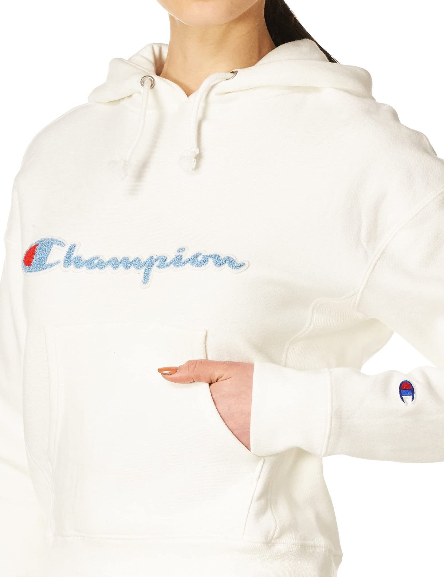 Champion Women's Reverse Weave Hoodie, Script Logo, White-Y07781, Small