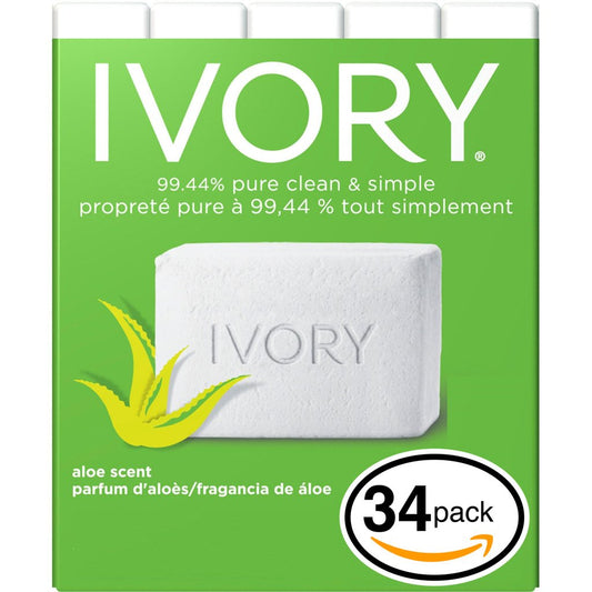 (PACK OF 34 BARS) Ivory ALOE SCENT Bar Soap for Men & Women. 99.44% PURE! Free of Dyes & Heavy Perfumes! Healthy Skin for Hands, Face & Body! (34 Bars, 3.10oz Each Bar)