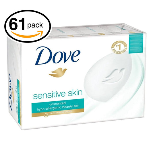 (PACK OF 61 BARS) Dove Unscented Beauty Soap Bar: SENSITIVE SKIN. Hypo-Allergenic & Fragrance Free. 25% MOISTURIZING LOTION & CREAM! Great for Hands, Face & Body! (61 Bars, 3.5oz Each Bar)