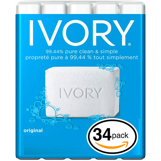 (PACK OF 34 BARS) Ivory ORIGINAL SCENT Bar Soap for Men & Women. 99.44% PURE! Free of Dyes & Heavy Perfumes! Healthy Skin for Hands, Face & Body! (34 Bars, 3.10oz Each Bar)