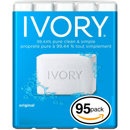 (PACK OF 95 BARS) Ivory ORIGINAL SCENT Bar Soap for Men & Women. 99.44% PURE! Free of Dyes & Heavy Perfumes! Healthy Skin for Hands, Face & Body! (95 Bars, 3.10oz Each Bar)