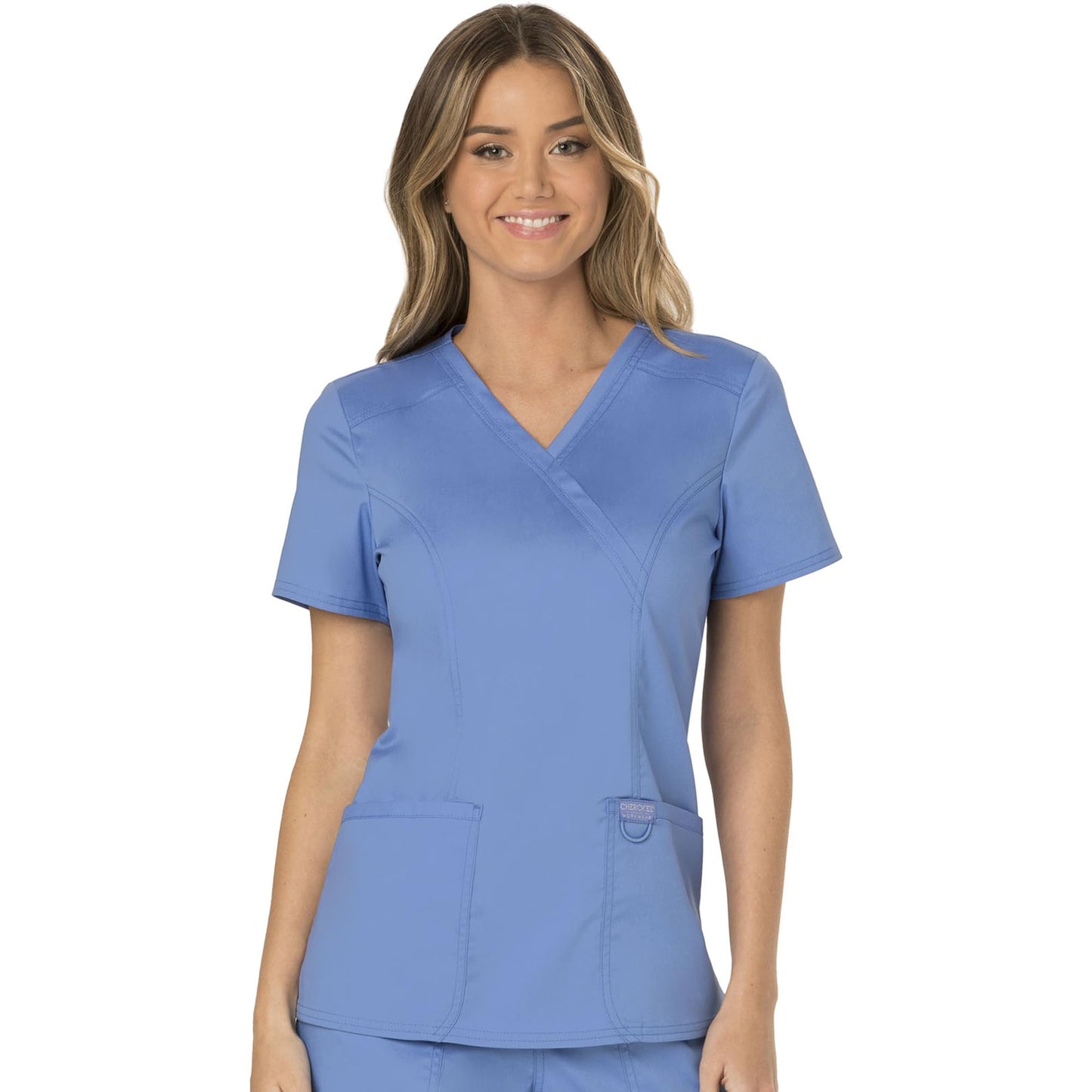 Cherokee Scrubs for Women Mock Wrap Top with 3 Pocket, Back Princess Seams WW610, XXS, White (Copy)