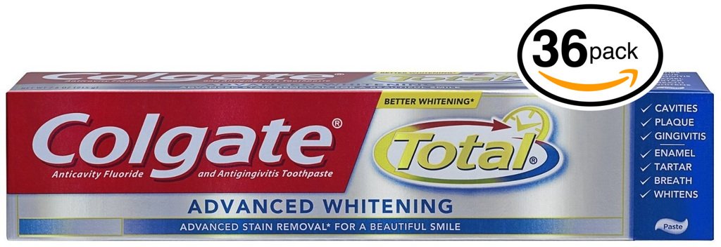 (PACK OF 36 TUBES) Colgate Total ADVANCED TOOTH WHITENING Toothpaste. Whitens & Removes Surface Stains! ANTI-CAVITY FLUORIDE, ANTI-GINGIVITIS & ANTI-PLAQUE! (Pack of 36 Tubes, 8.0oz each Tube)