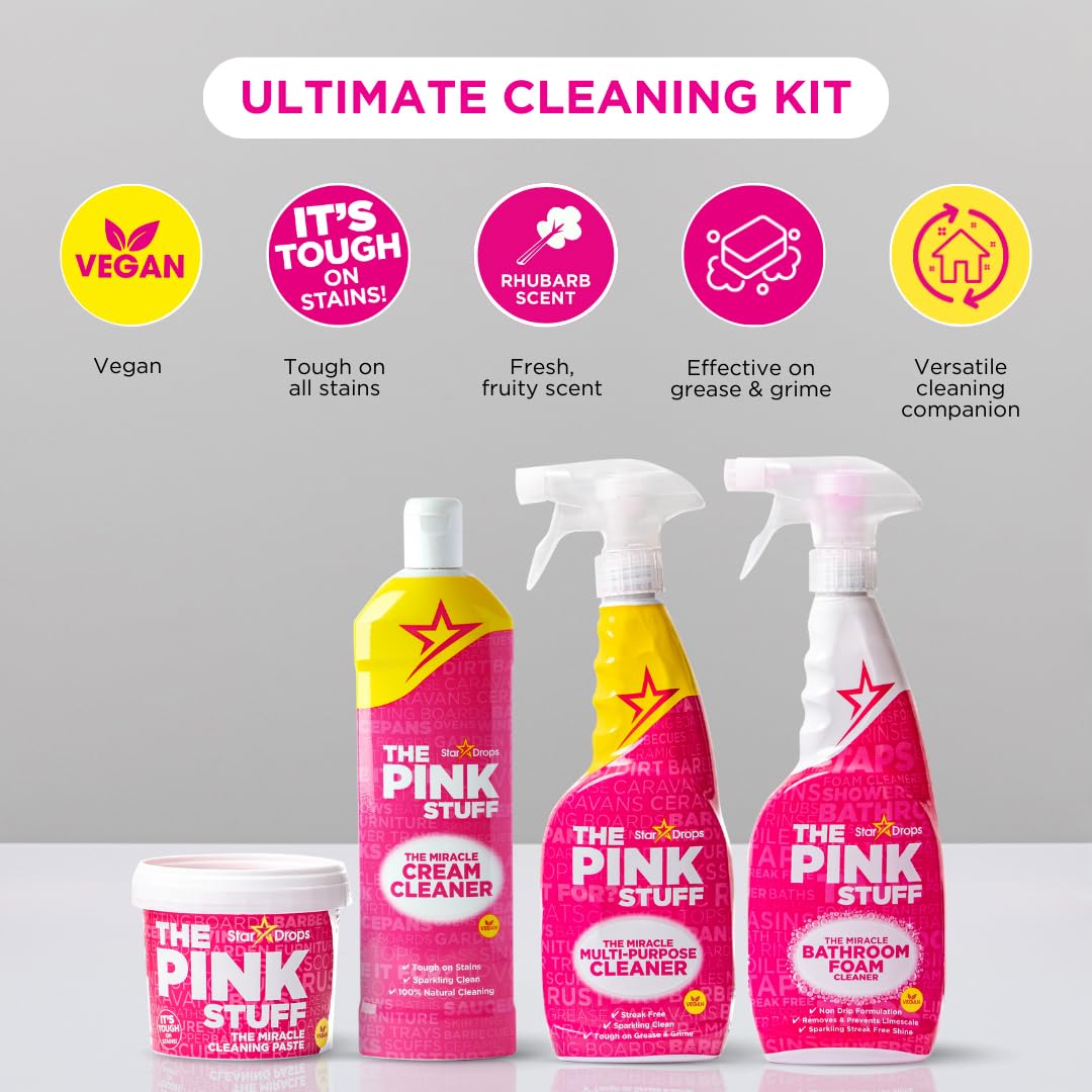 Stardrops - The Pink Stuff - Miracle Cleaning Ultimate Bundle - Paste, Multi-Purpose Spray, Bathroom Foam Spray, and Cream Cleaner - Ideal for Kitchens, Bathrooms, Outdoors, and More