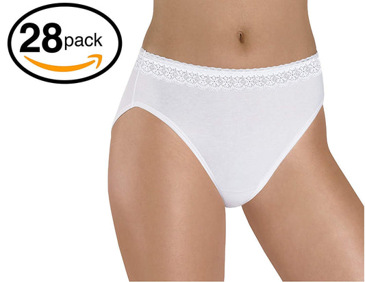Hanes Women's 28-Pack Classic Core Cotton Hi-Cut Panty (9, White)