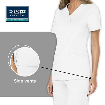 Cherokee Scrubs for Women Mock Wrap Top with 3 Pocket, Back Princess Seams WW610, XXS, White (Copy)