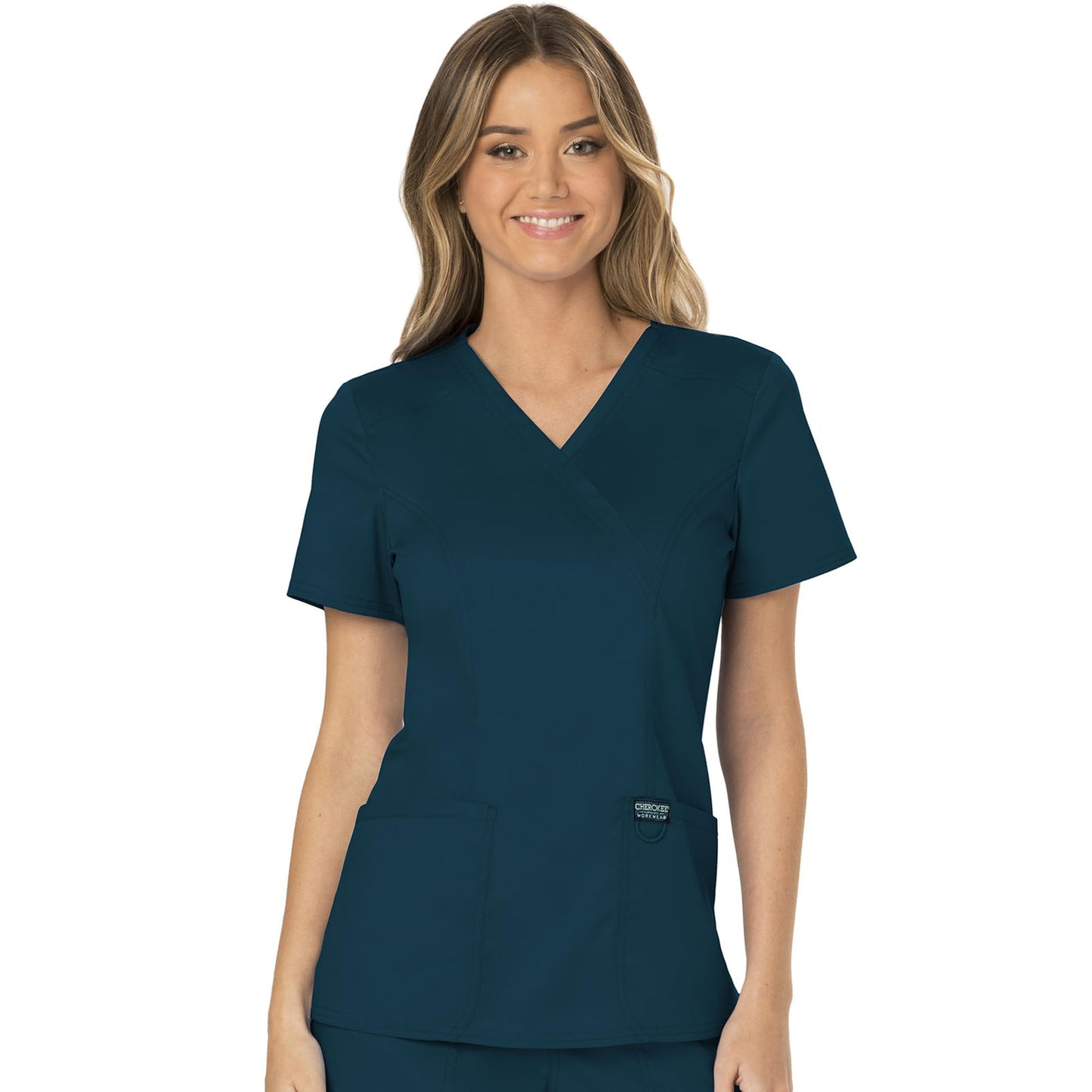 Cherokee Scrubs for Women Mock Wrap Top with 3 Pocket, Back Princess Seams WW610, XXS, White (Copy)