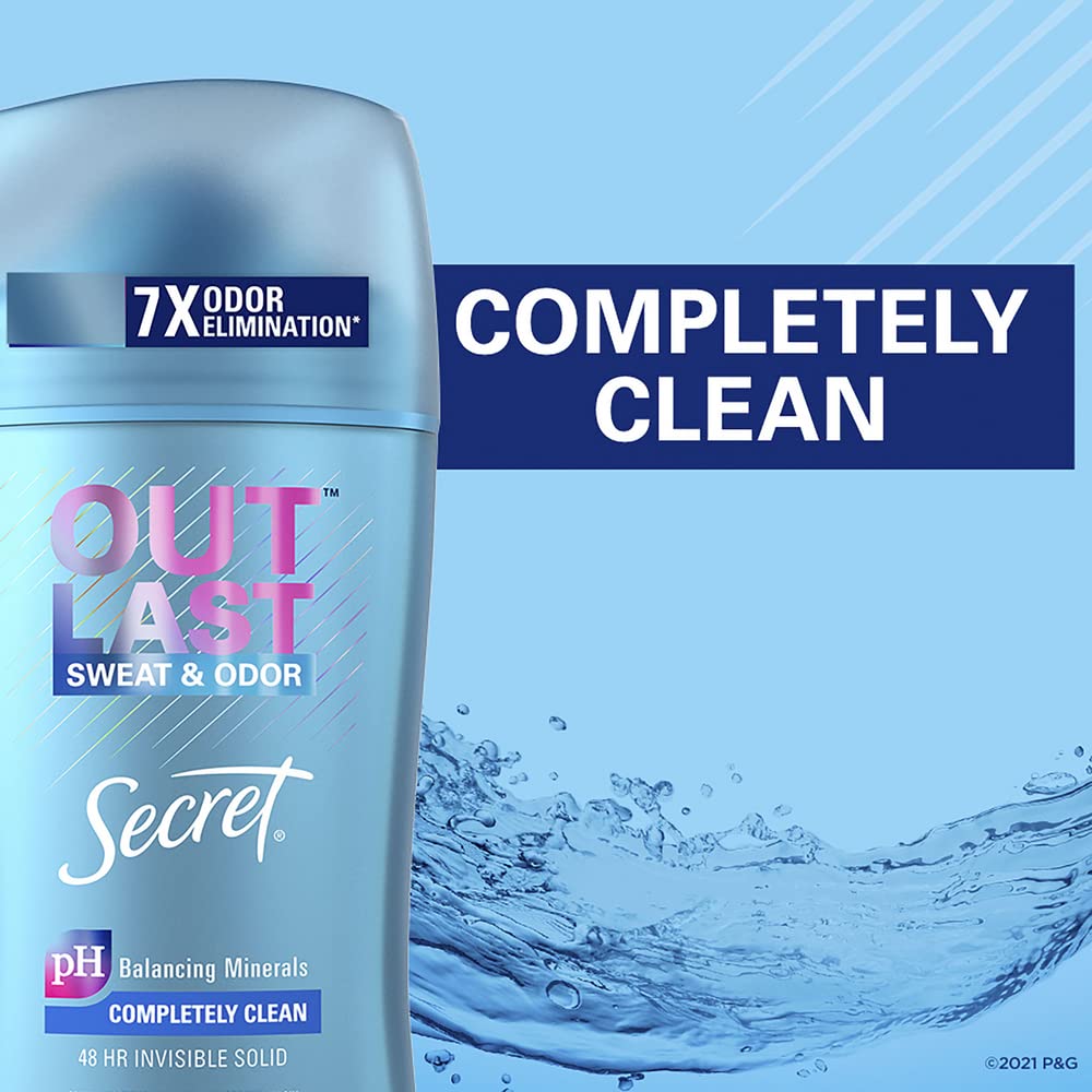 Secret Outlast Invisible Solid Antiperspirant Deodorant for Women, Completely Clean, 2.6 oz - 3 Pack