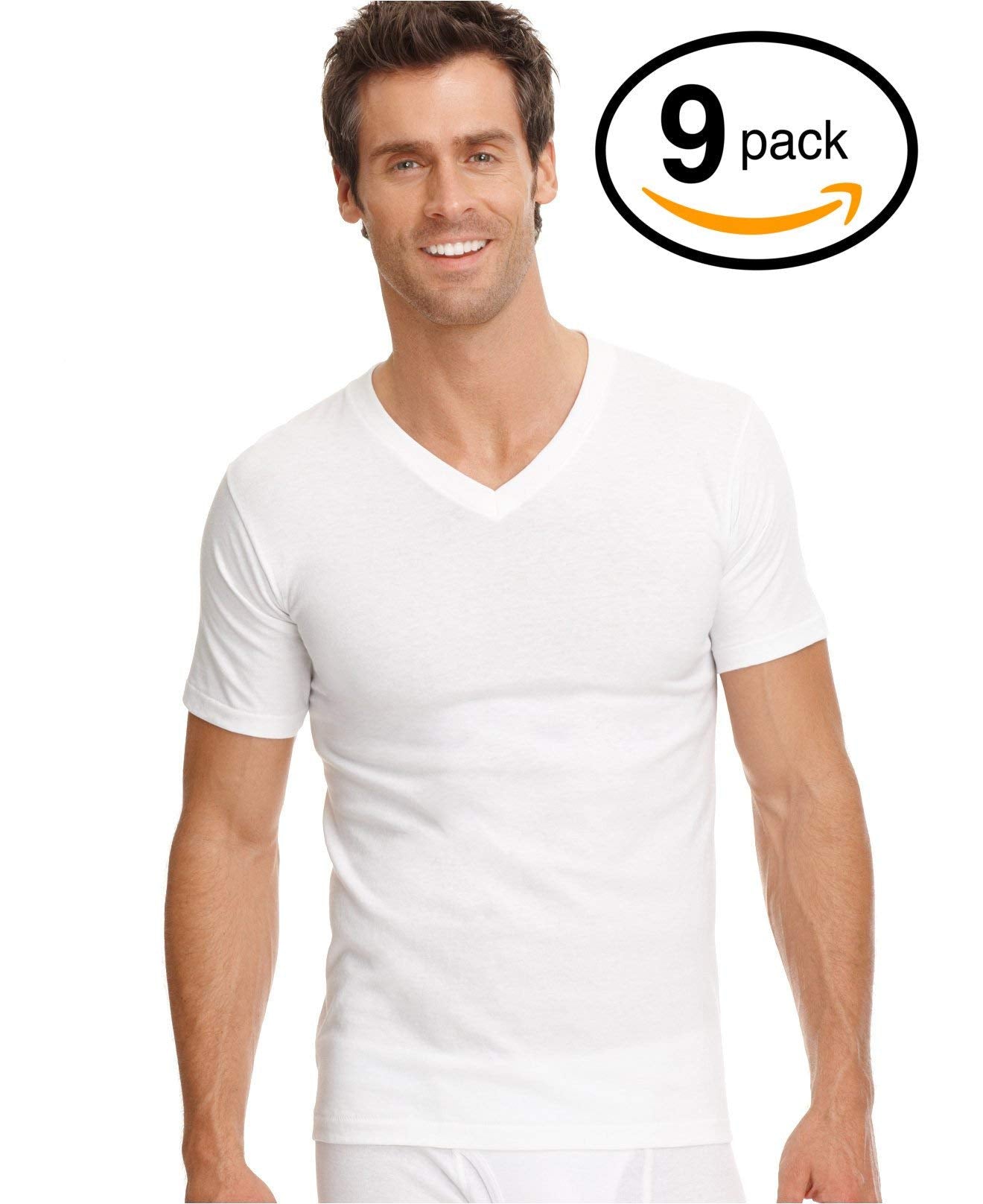 Fruit of the Loom Men's 9-Pack White V-Neck 100% Cotton T-Shirts (Large (Chest 42"-44"))