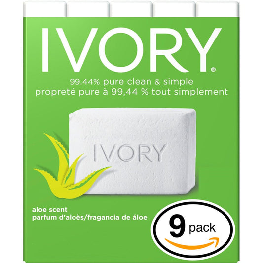 (PACK OF 9 BARS) Ivory ALOE SCENT Bar Soap for Men & Women. 99.44% PURE! Free of Dyes & Heavy Perfumes! Healthy Skin for Hands, Face & Body! (9 Bars, 3.10oz Each Bar)