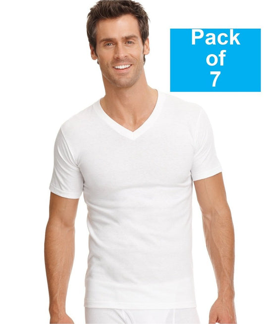 7 Fruit of the Loom Men's White V-Neck T-Shirts (5 Cotton + 2 Easycare) - Style E7P2525 (Large (42"-44"))