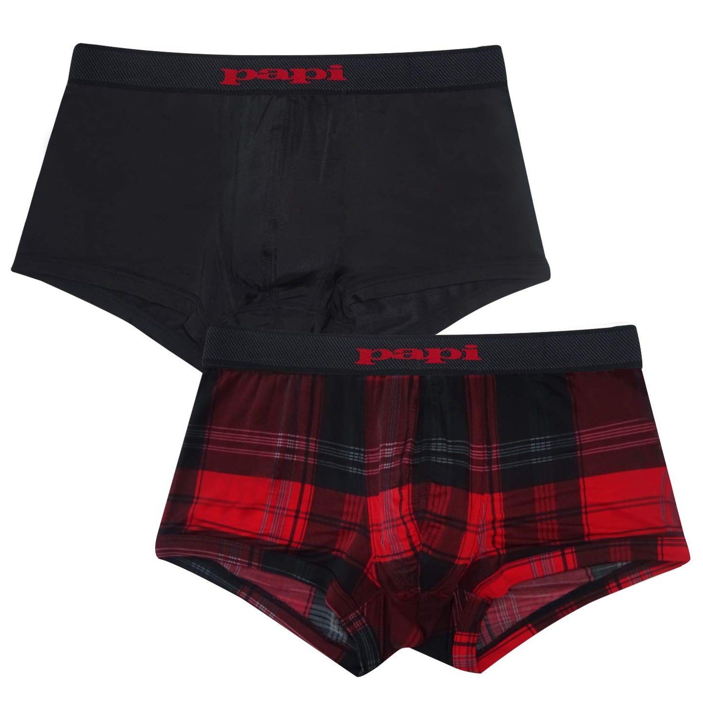 Papi Men's Brazilian Cool Trunk Boxer Briefs Pack of 2 Comfort Fitting Underwear, Plaid-Black/Red, X-Large