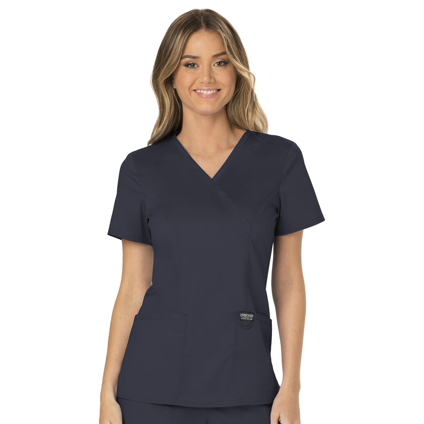 Cherokee Scrubs for Women Mock Wrap Top with 3 Pocket, Back Princess Seams WW610, XXS, White (Copy)