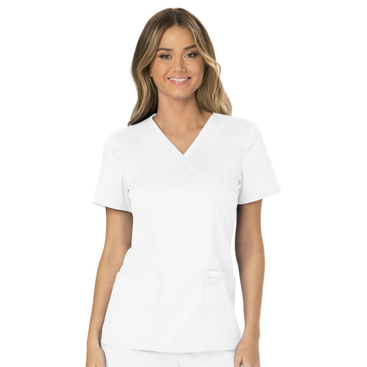 Cherokee Scrubs for Women Mock Wrap Top with 3 Pocket, Back Princess Seams WW610, XXS, White