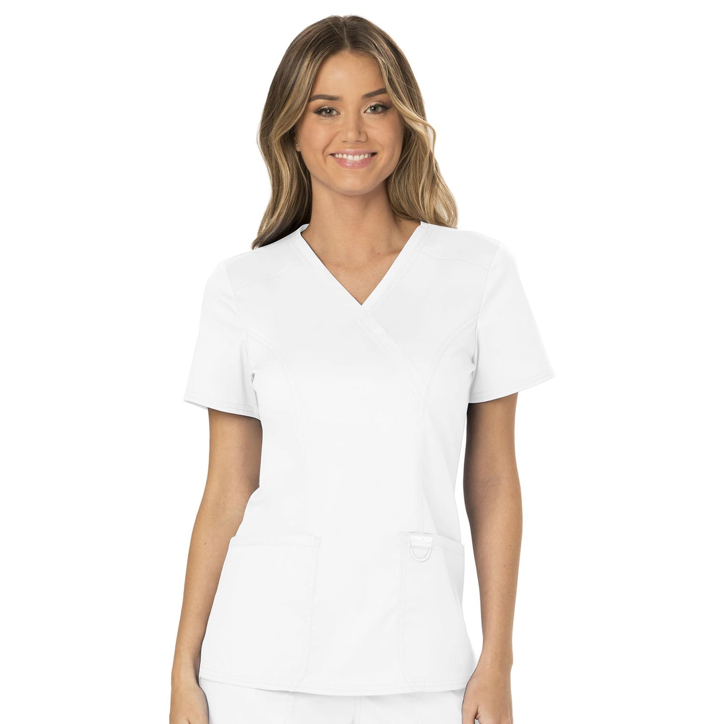 Cherokee Scrubs for Women Mock Wrap Top with 3 Pocket, Back Princess Seams WW610, XXS, White (Copy)