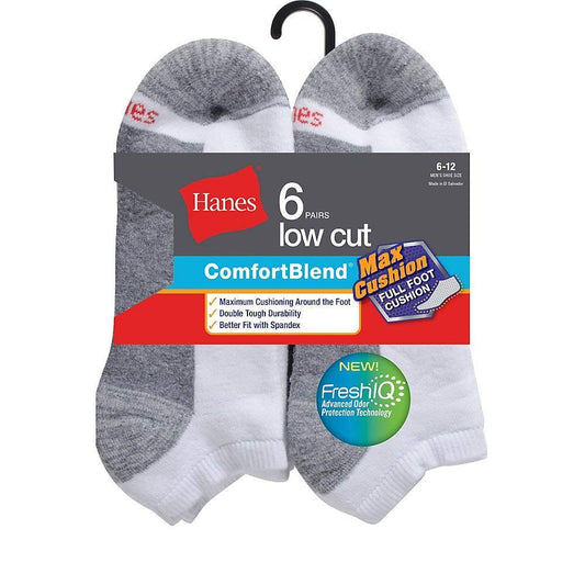 Hanes Men's ComfortBlend Max Cushion Low Cut Sock 6-Pack_White_6-12