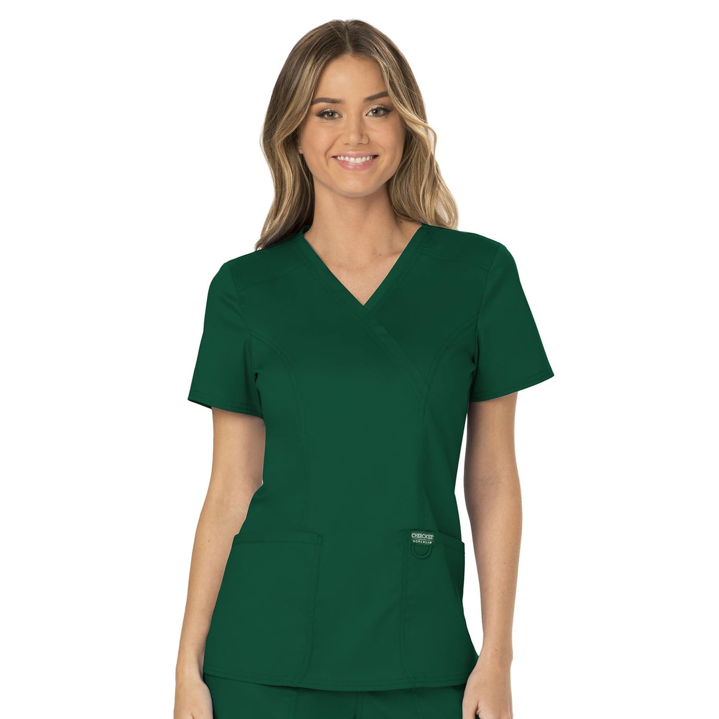 Cherokee Scrubs for Women Mock Wrap Top with 3 Pocket, Back Princess Seams WW610, XXS, White (Copy)