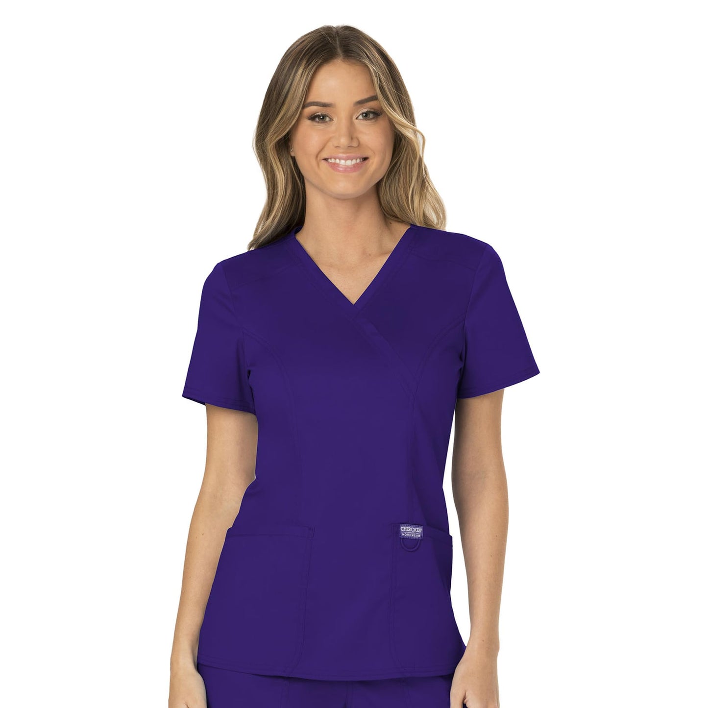 Cherokee Scrubs for Women Mock Wrap Top with 3 Pocket, Back Princess Seams WW610, XXS, White (Copy)