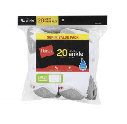 Hanes Men's Ankle Super Value Socks 20pk - (White/Gray, 6-12)