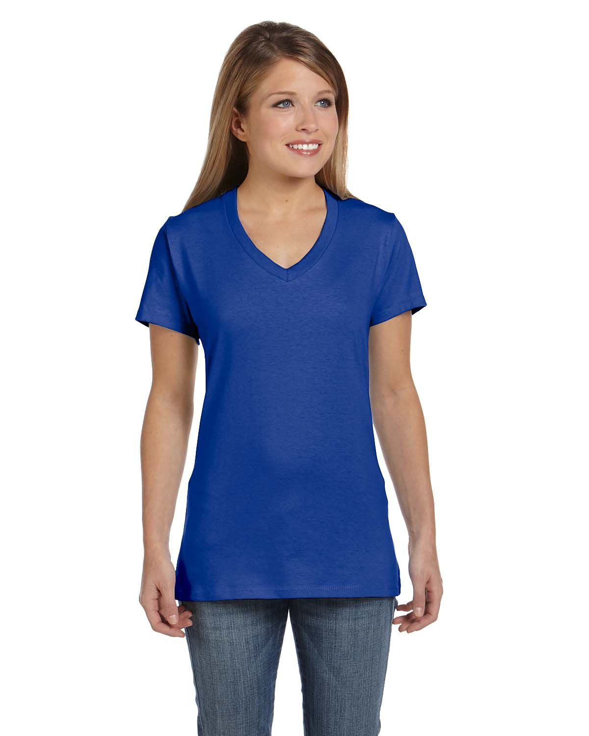 Hanes Ladies Ringspun Cotton nano-T V-Neck T-Shirt, XS, DEEP ROYAL