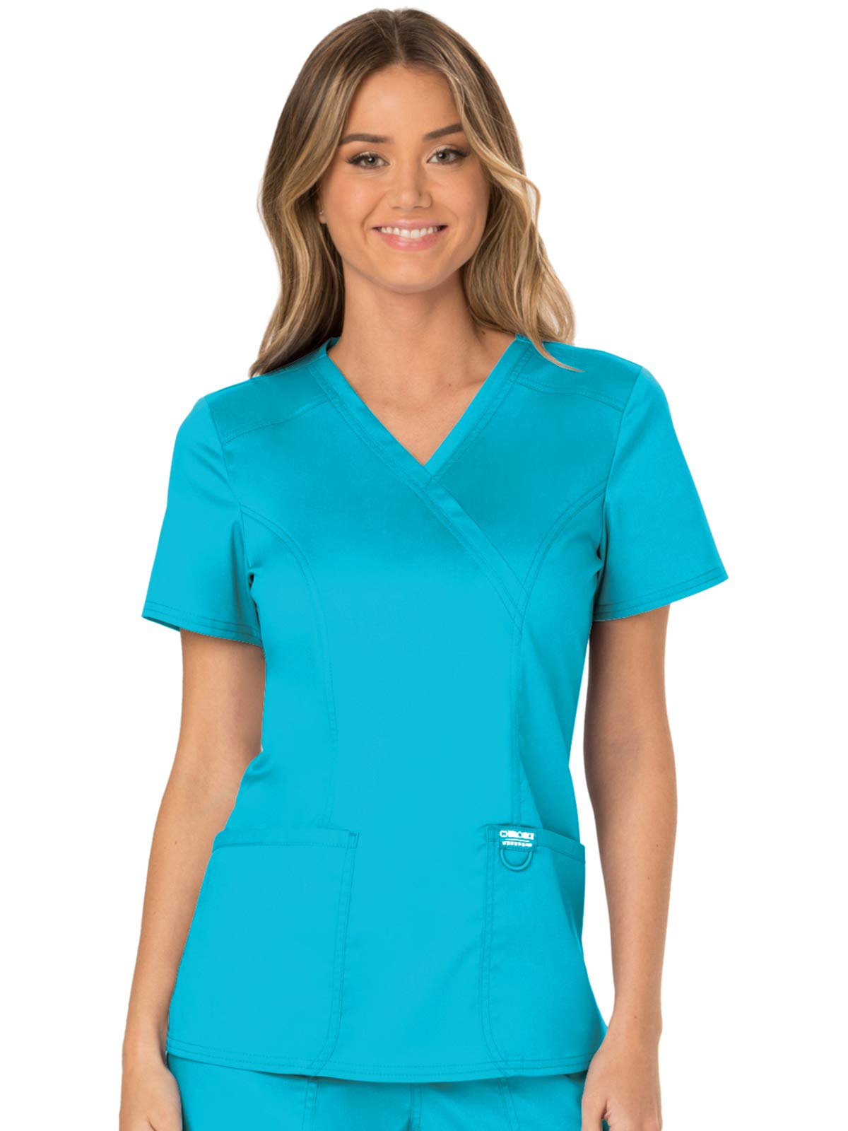 Cherokee Scrubs for Women Mock Wrap Top with 3 Pocket, Back Princess Seams WW610, XXS, White (Copy)