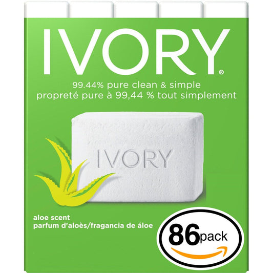 (PACK OF 86 BARS) Ivory ALOE SCENT Bar Soap for Men & Women. 99.44% PURE! Free of Dyes & Heavy Perfumes! Healthy Skin for Hands, Face & Body! (86 Bars, 3.10oz Each Bar)