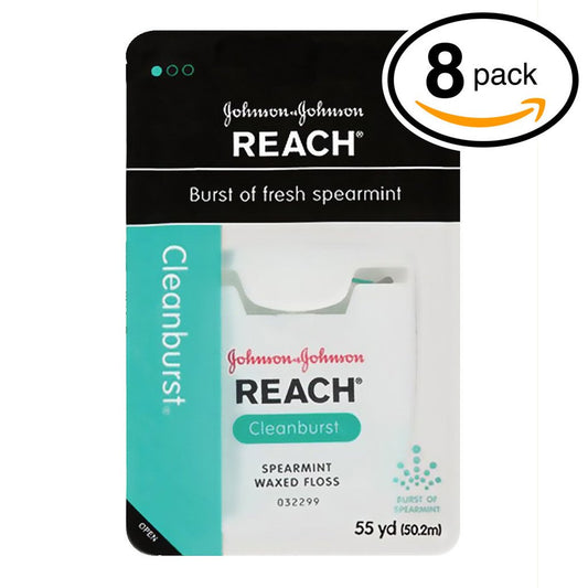(PACK OF 8) Johnson & Johnson REACH Waxed Floss. BURST OF FRESH SPEARAMINT! Removes Up to 2x More Plaque than Glide Floss! (Pack of 8, 55 Yards Each)