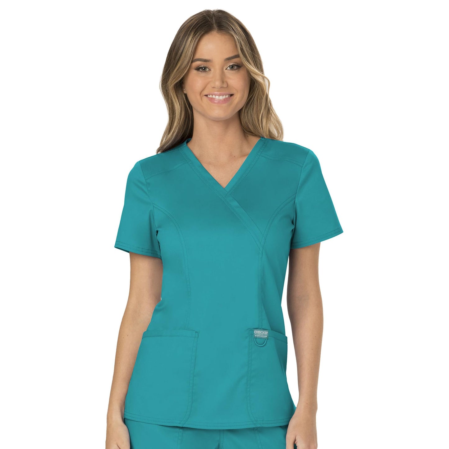 Cherokee Scrubs for Women Mock Wrap Top with 3 Pocket, Back Princess Seams WW610, XXS, White (Copy)