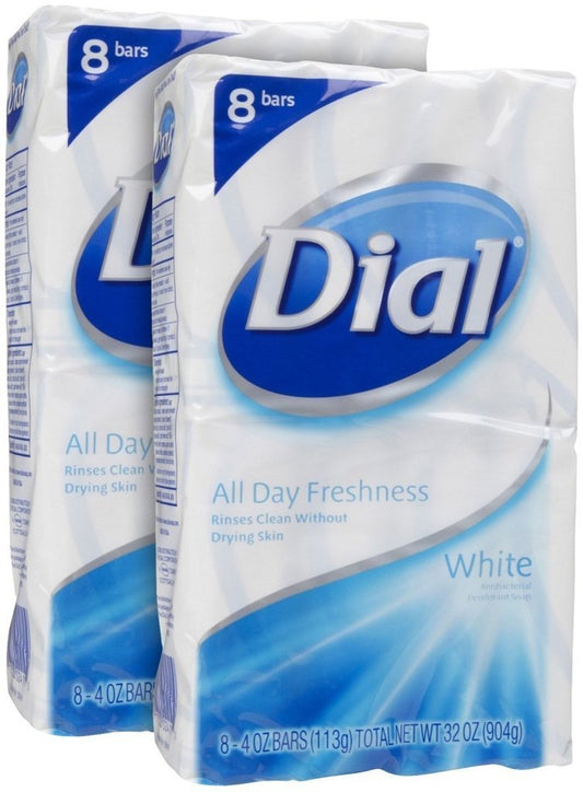 (PACK OF 16 BARS) Dial Classic WHITE Antibacterial Bar Soap. Round the Clock Odor Protection. Leaves Skin Smooth & Radian! Hypo-Allergenic. Great for Hands, Face & Body! (16 Bars, 4oz Each Bar)