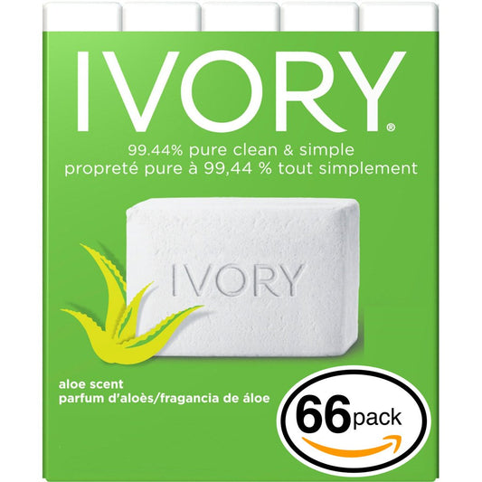 (PACK OF 66 BARS) Ivory ALOE SCENT Bar Soap for Men & Women. 99.44% PURE! Free of Dyes & Heavy Perfumes! Healthy Skin for Hands, Face & Body! (66 Bars, 3.10oz Each Bar)