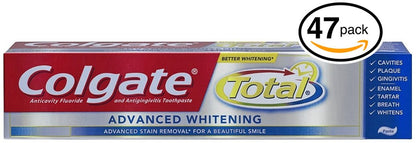(PACK OF 47 TUBES) Colgate Total ADVANCED TOOTH WHITENING Toothpaste. Whitens & Removes Surface Stains! ANTI-CAVITY FLUORIDE, ANTI-GINGIVITIS & ANTI-PLAQUE! (Pack of 47 Tubes, 8.0oz each Tube)