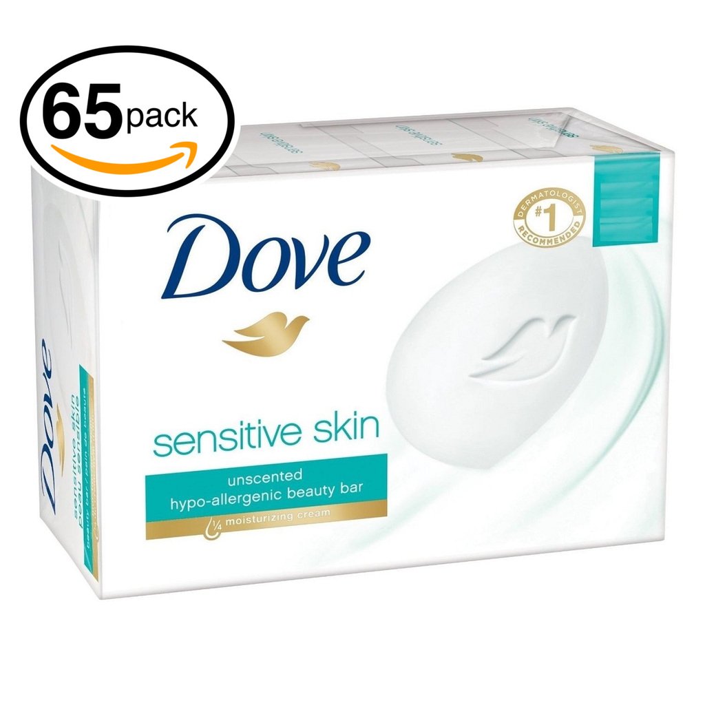 (PACK OF 65 BARS) Dove Unscented Beauty Soap Bar: SENSITIVE SKIN. Hypo-Allergenic & Fragrance Free. 25% MOISTURIZING LOTION & CREAM! Great for Hands, Face & Body! (65 Bars, 3.5oz Each Bar)