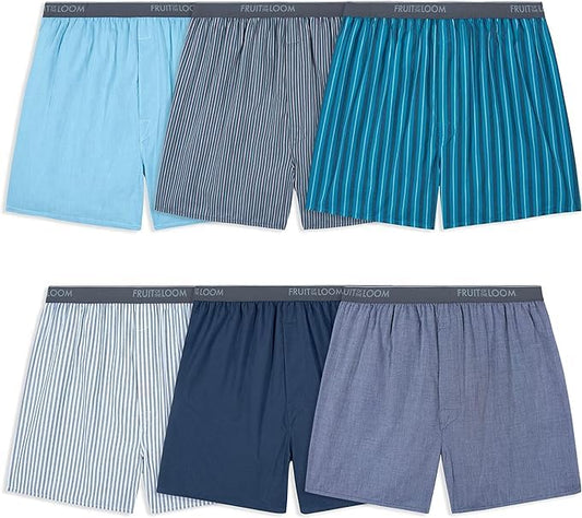 Fruit of the Loom Men's Woven 6 Pack Exposed Waistband Boxer Shorts, Assorted, Small