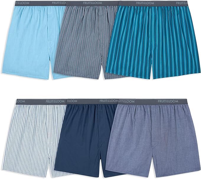 Fruit of the Loom Men's Woven 6 Pack Exposed Waistband Boxer Shorts, Assorted, Small
