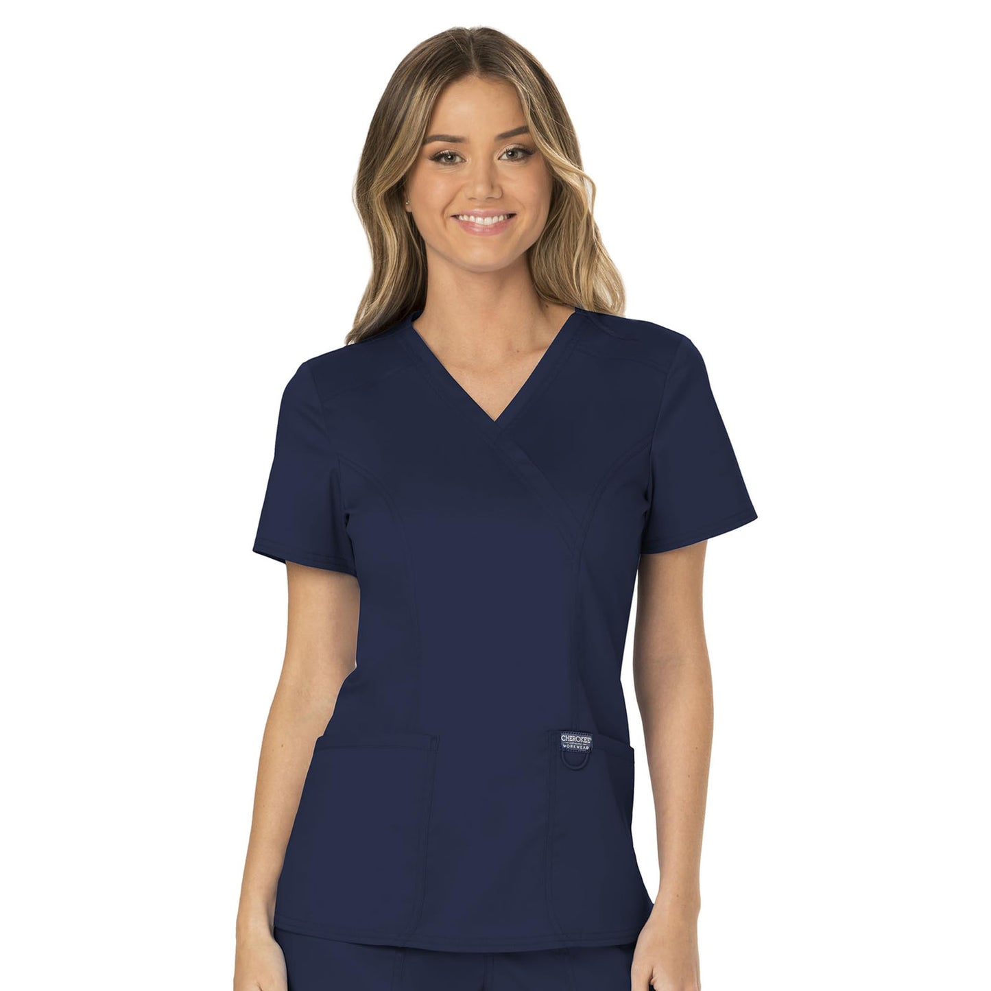 Cherokee Scrubs for Women Mock Wrap Top with 3 Pocket, Back Princess Seams WW610, XXS, White (Copy)