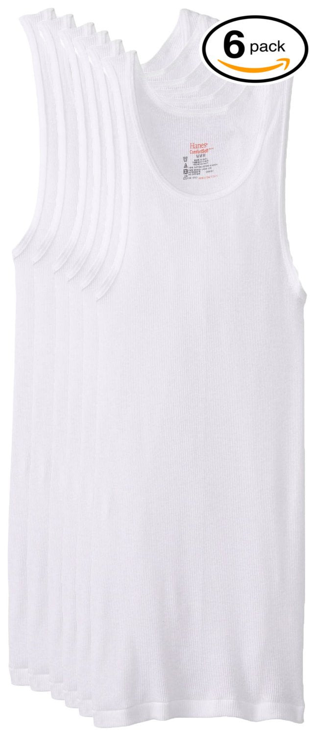Hanes Men's 6-Pack White Tagless A-Shirts Tanks Tank Tops Undershirts - XL