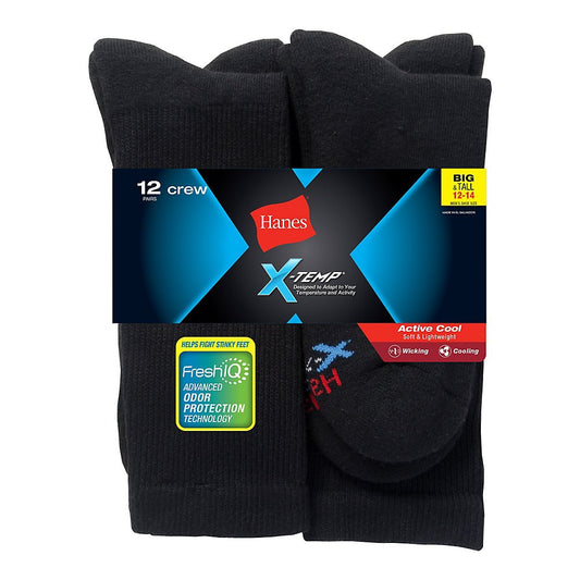 Hanes Men's Ultimate FreshIQ Cushion Crew Socks (Shoe Size 6-12) (12-14 Shoe BIG, Black)