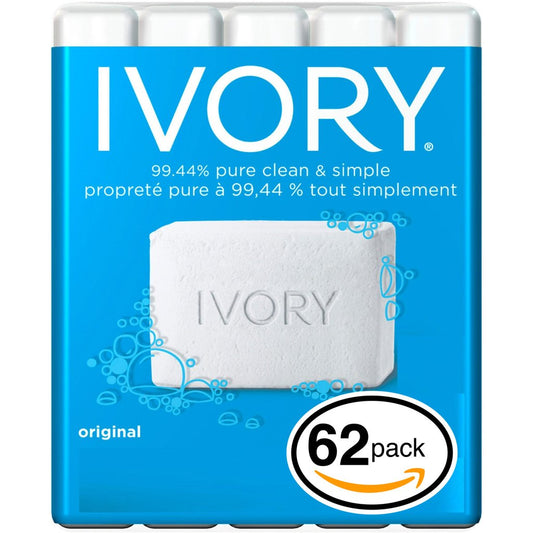(PACK OF 62 BARS) Ivory ORIGINAL SCENT Bar Soap for Men & Women. 99.44% PURE! Free of Dyes & Heavy Perfumes! Healthy Skin for Hands, Face & Body! (62 Bars, 3.10oz Each Bar)