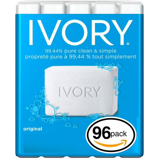(PACK OF 96 BARS) Ivory ORIGINAL SCENT Bar Soap for Men & Women. 99.44% PURE! Free of Dyes & Heavy Perfumes! Healthy Skin for Hands, Face & Body! (96 Bars, 3.10oz Each Bar)