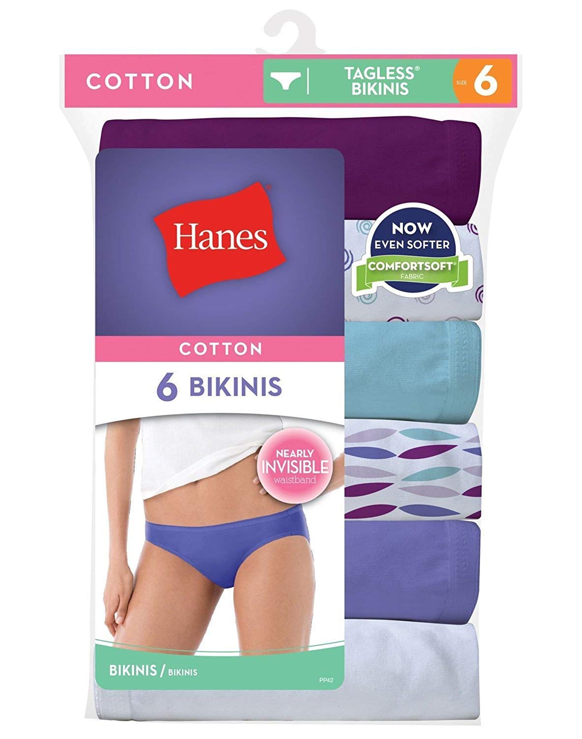 Hanes Women's 6Pack 100% Cotton Bikini Underwear Ladies Panties, Assorted 10