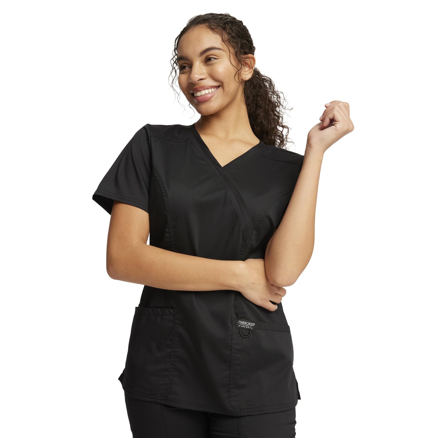 Cherokee Scrubs for Women Mock Wrap Top with 3 Pocket, Back Princess Seams WW610, XXS, White (Copy)