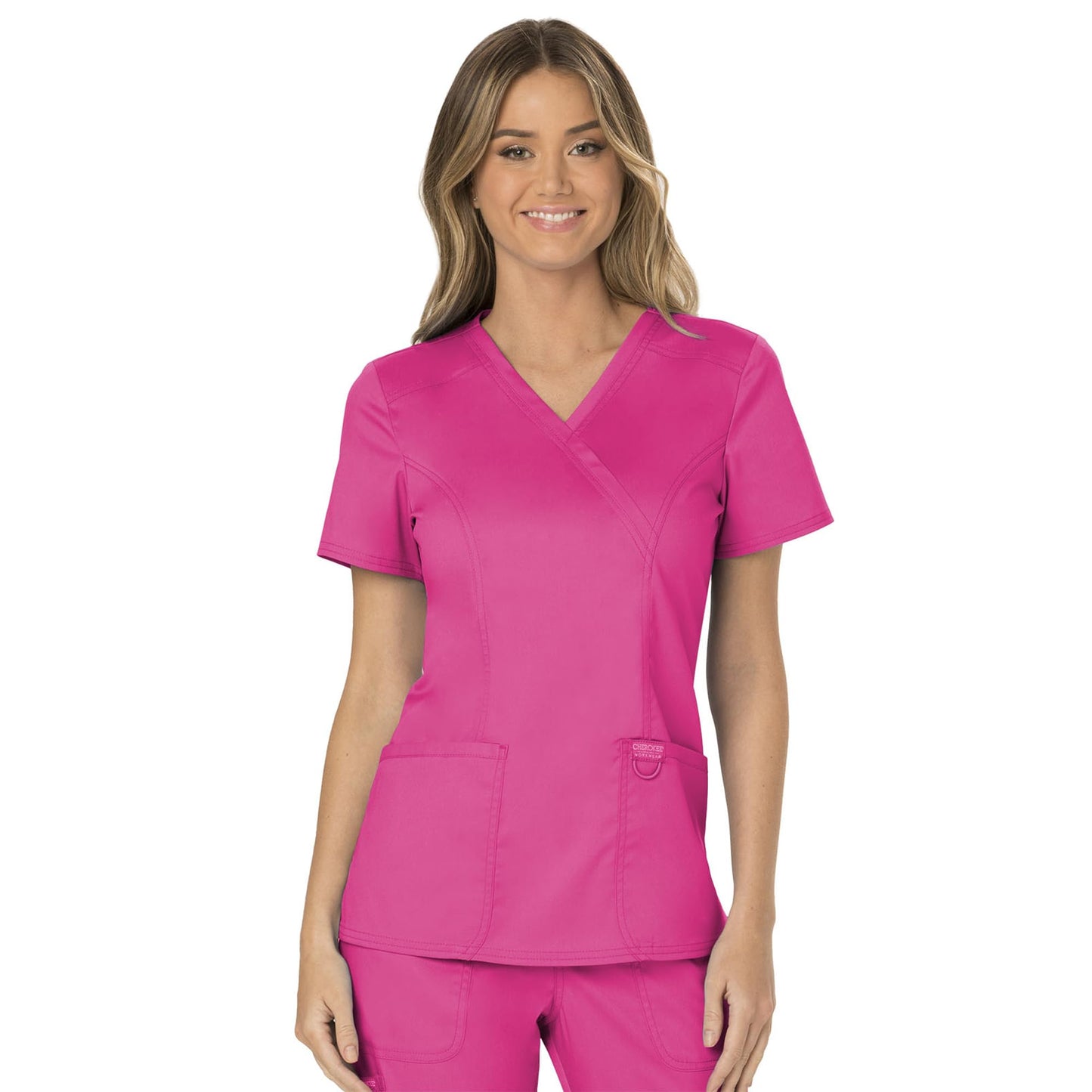 Cherokee Scrubs for Women Mock Wrap Top with 3 Pocket, Back Princess Seams WW610, XXS, White (Copy)